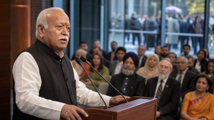 : Mohan Bhagwat addressing a diverse interfaith audience at a New York gathering
